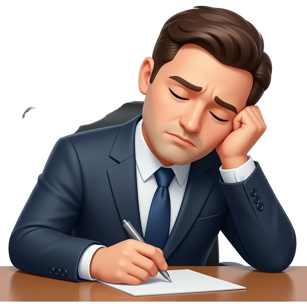 hombre con traje,exausto,sentado,reposandose en su escritorio,primer plano emoji