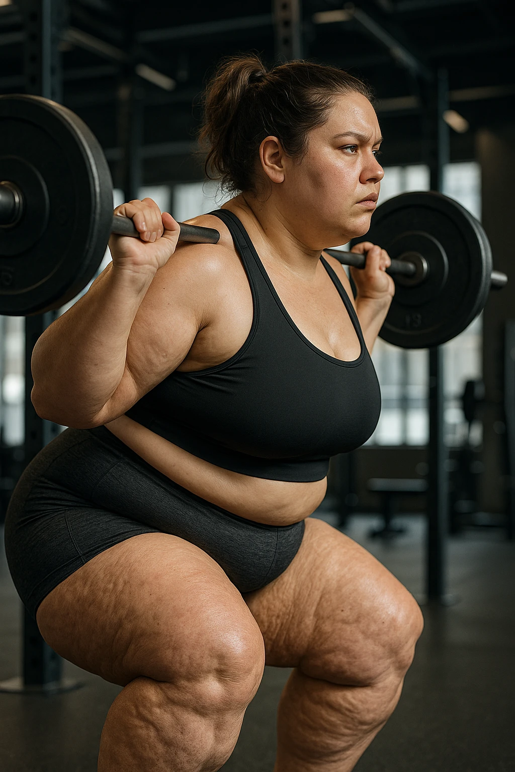donna grassa con lipedema alle gambe che fa uno squat di profilo con bilanciere, IPERREALISTICA 4K emoji