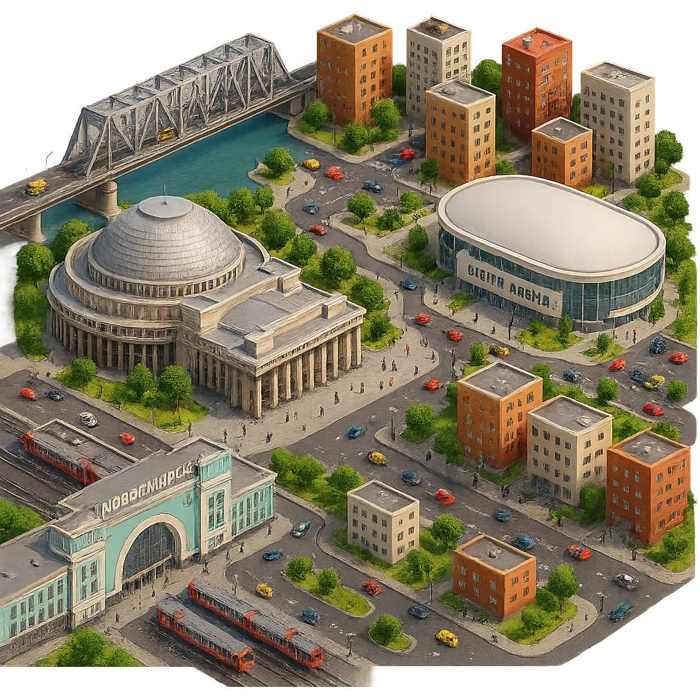Изометричная миниатюрная фотореалистичная 3D модель Новосибирска - Опера, Вокзал, мост через Обь, фотореалистичная Сибирь-Арена, дома, четкая детализация, яркие цвета, мультяшный реализм, люди, автотранспорт, компактная композиция, вид сверху в изометрии, прозрачный фон emoji
