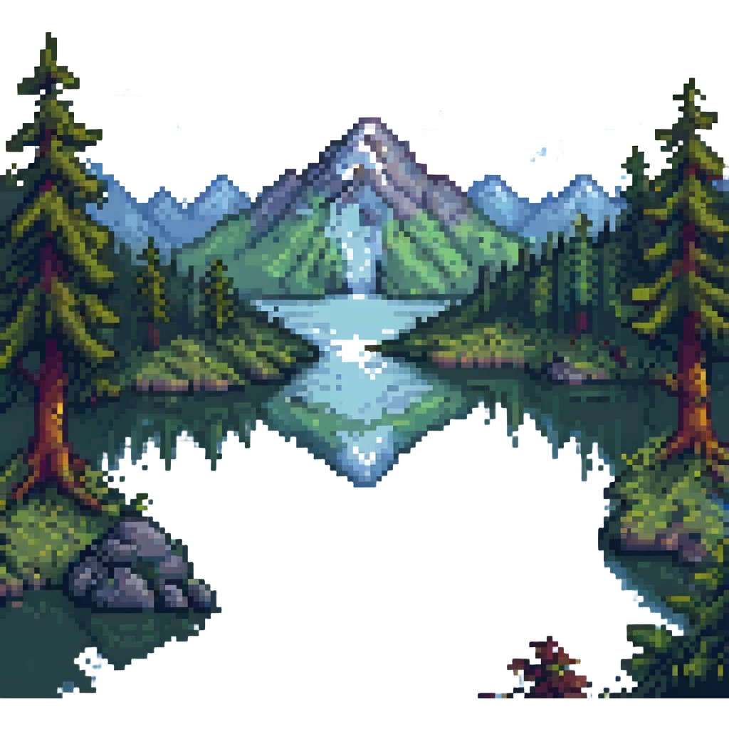 a lake surrounded by trees and mountains, pixel art style emoji
