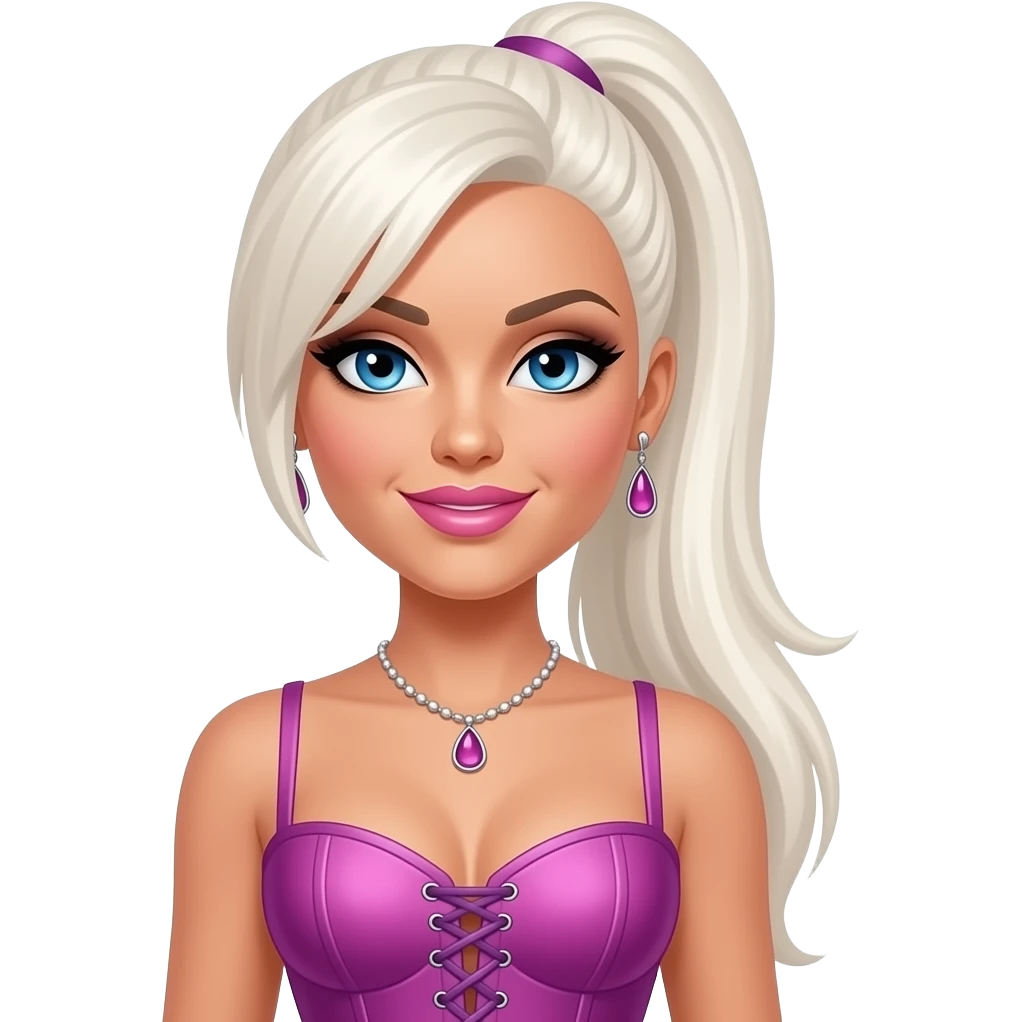 Kimberly Wyatt from The Pussycat Dolls with blue eyes, long white blonde high ponytail straight hair, black eyeshadow, pink lipstick, pink and purple off corset dress, necklace and earrings emoji