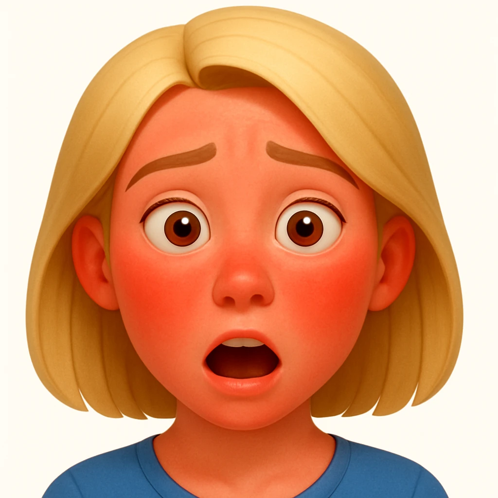 Reduce the intensity of the sunburn on the woman's face so it appears only slightly red with a mild sun-kissed look. Keep the style and expression the same as in the reference image. emoji
