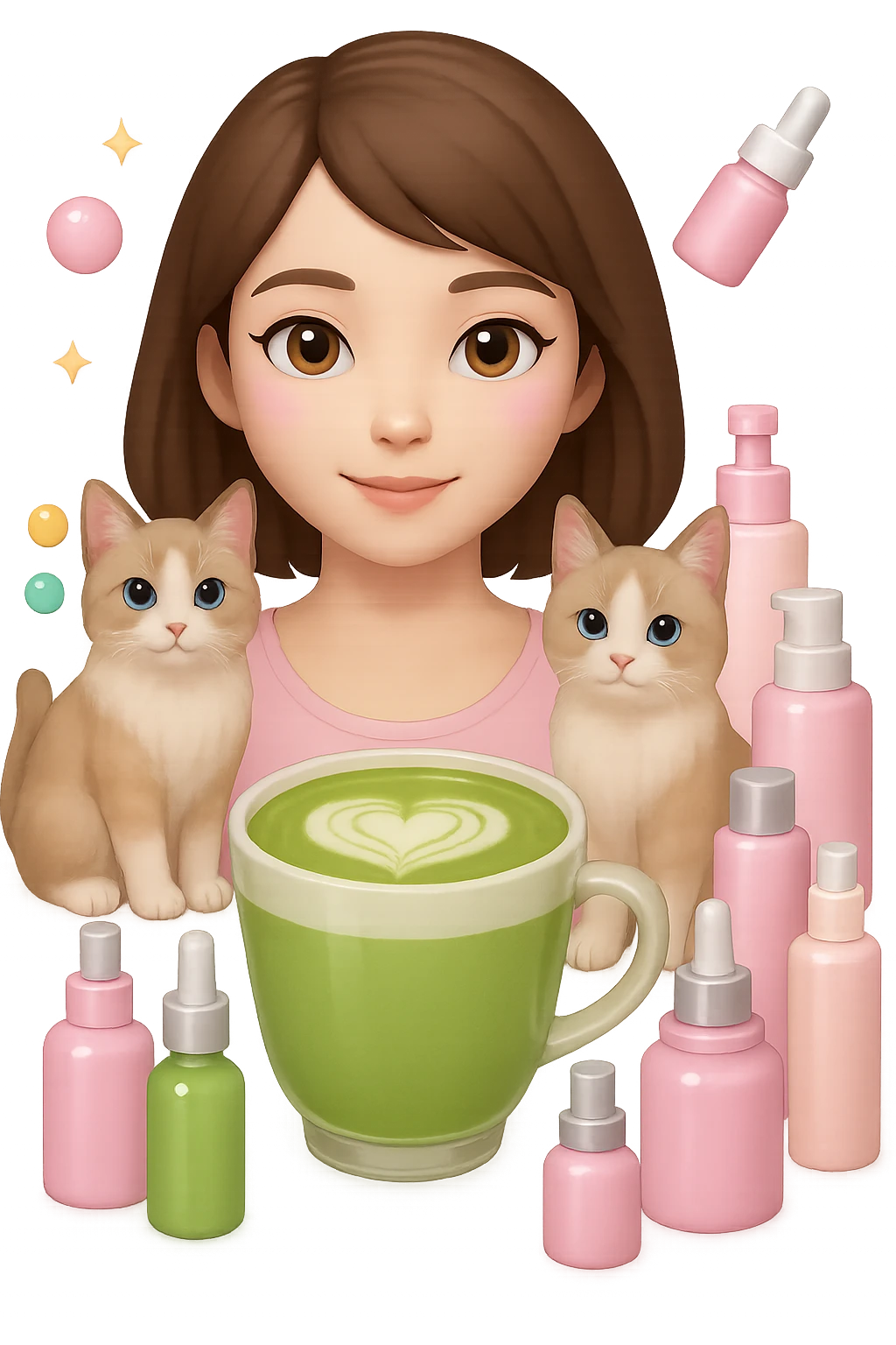 Add a matcha latte to the scene, keeping the Apple emoji style and pink soft girl aesthetic, featuring the girl with short brown hair, makeup, skincare, sparkles, and two light brown ragdoll cats. Maintain the transparent background and the overall Apple emoji style look. emoji