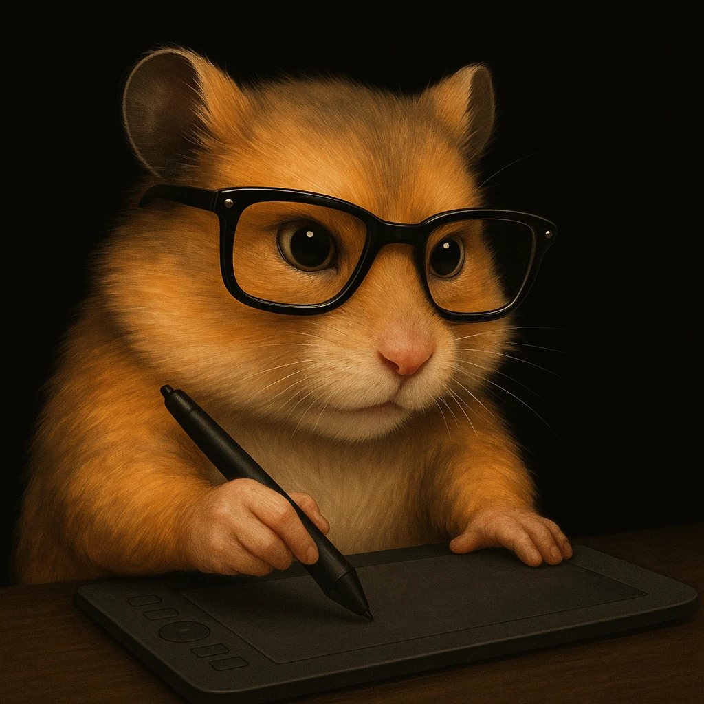 Create an image of a mature, modern, semi-realistic hamster wearing cool glasses, matching the style of the reference image. The hamster should be shown creating a design or making animations, showing creative action, on a solid black background, not overlapping with other elements. emoji