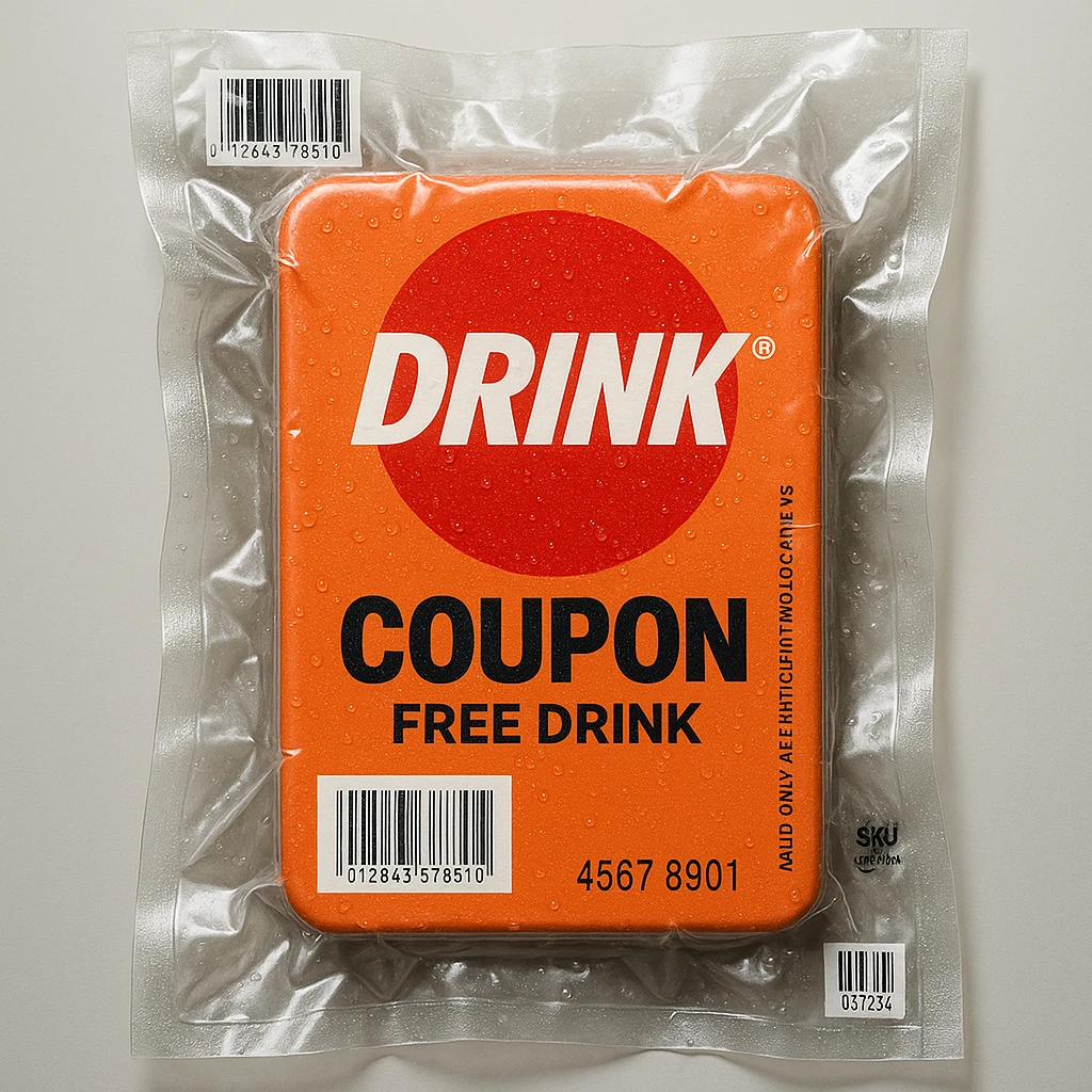 A coupon for a drink with the logo on the package emoji