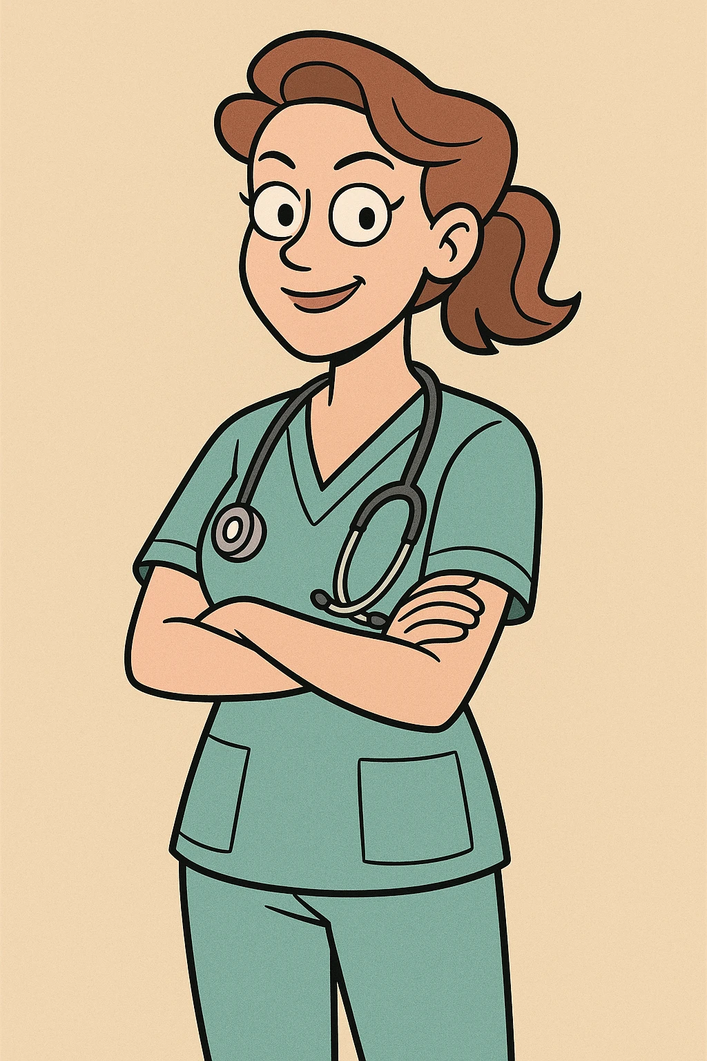 doctor, female, wearing scrubs, confident pose, cartoon style emoji