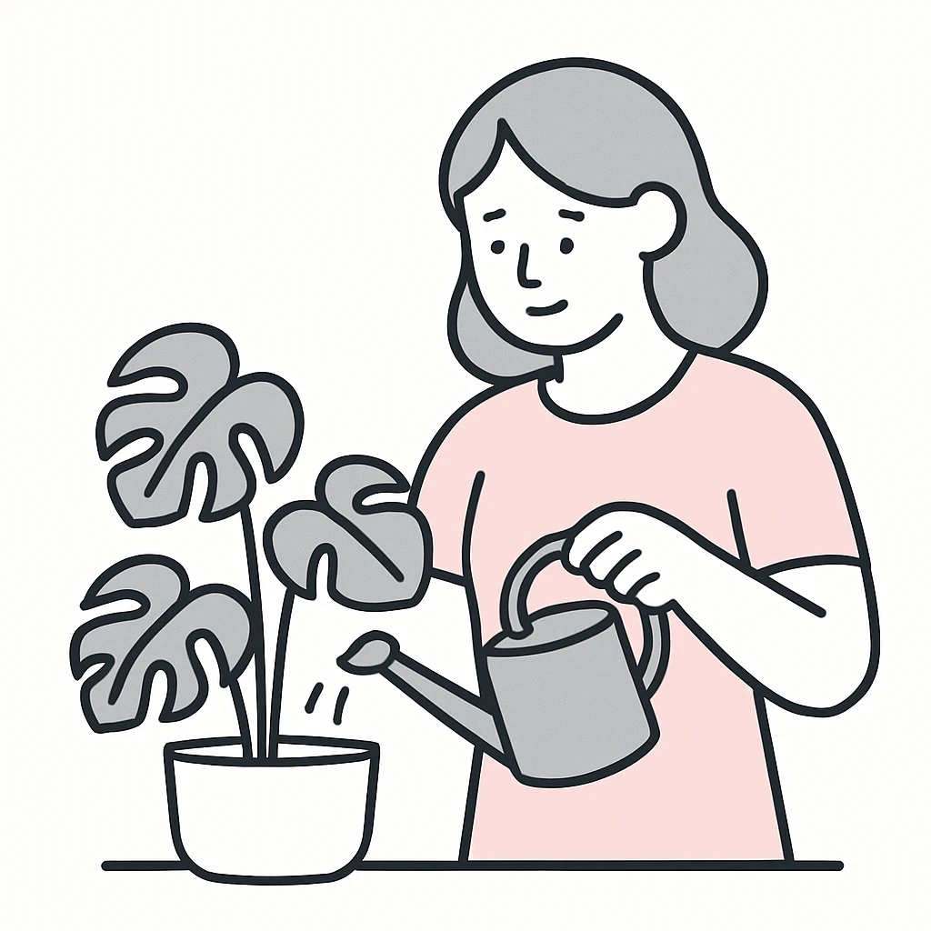 woman watering her monstera plant emoji