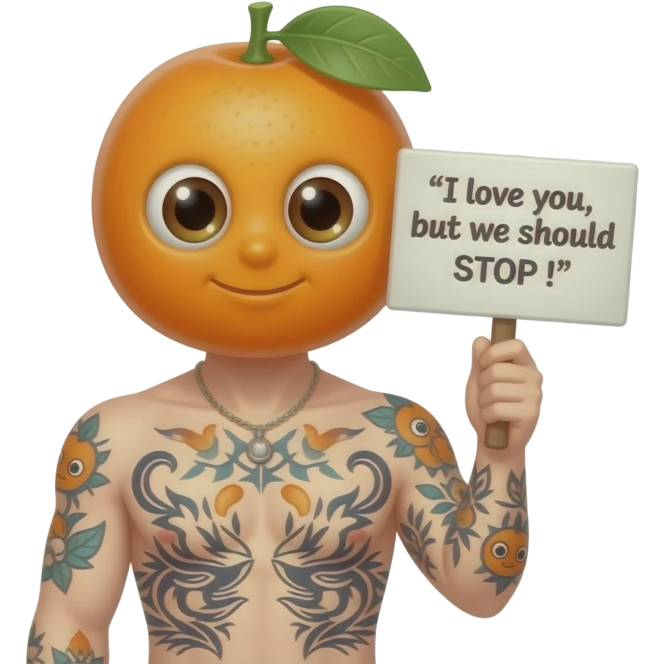 tattooed Kumquat holding sign saying “I love you, but we should STOP !” emoji