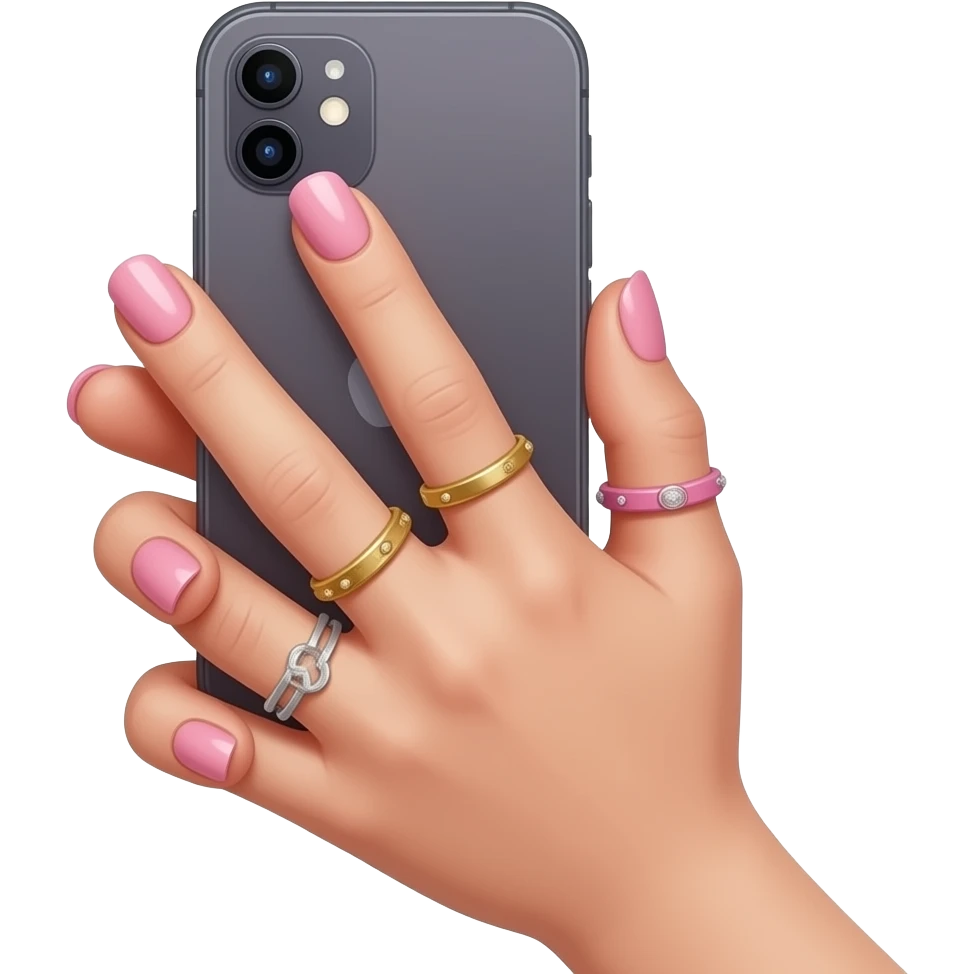 holding iphone with screen upwards: cute thin girl hand with pastel and pink modern nails, rings, and accessories. emoji