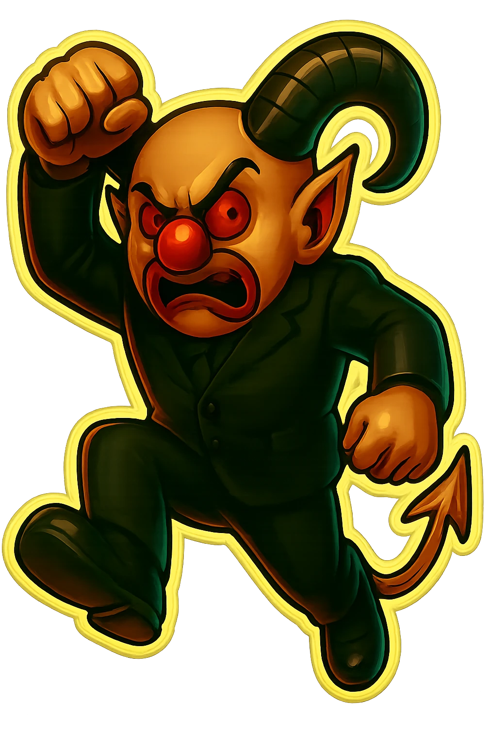 Evil clown wizard in retro sticker style, transparent background, leaping forward with one fist raised, wearing an all black suit, no pentagrams. Use the reference images for face, horns, and tail. emoji