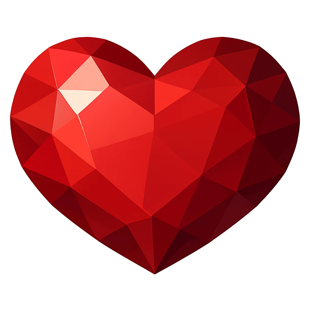 Transform this heart into a ruby in vector illustration style: no outlines, clear and contrasting facets, rich red color, flat color fills, geometric highlights, some facets lighter and some darker to create volume. emoji