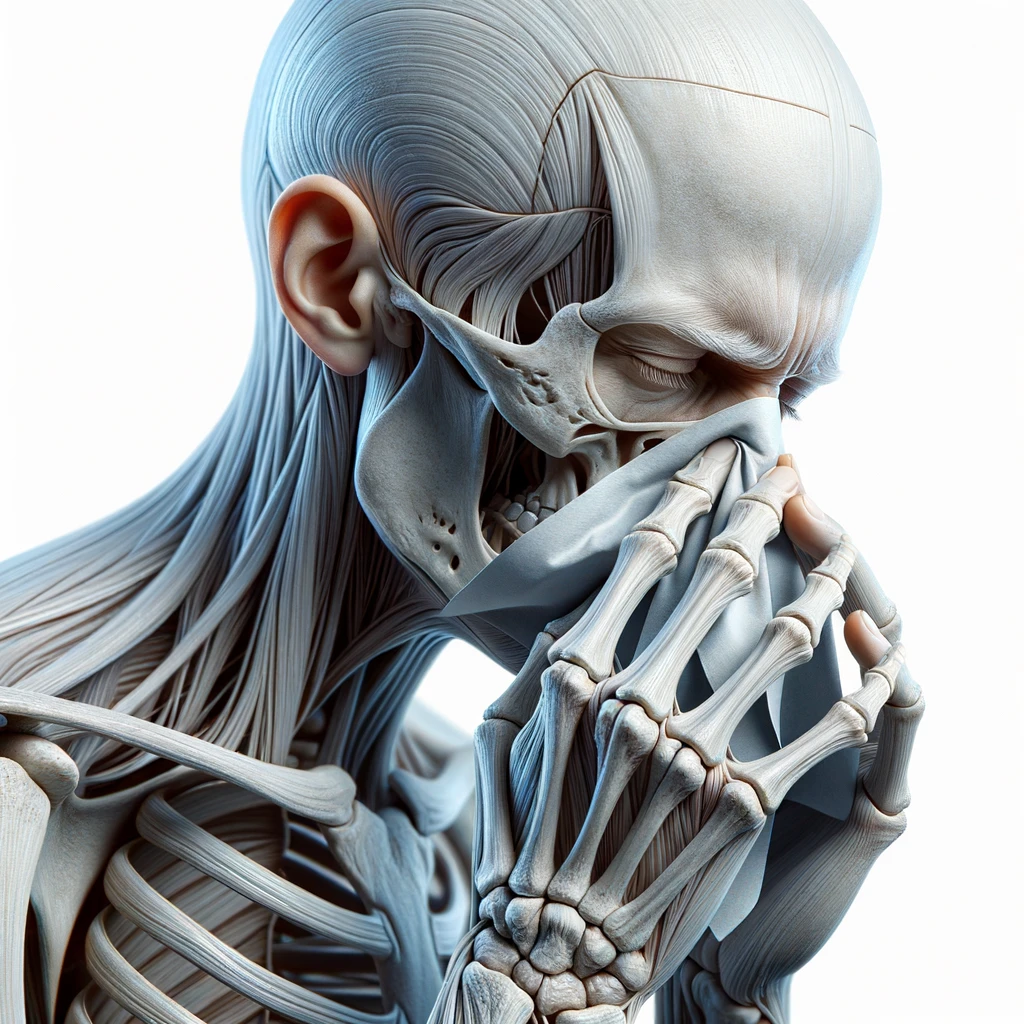 corpo umano anatomico che si soffia il naso perché ha il raffreddore, iperrealistico 4k, isolato su sfondo bianco emoji