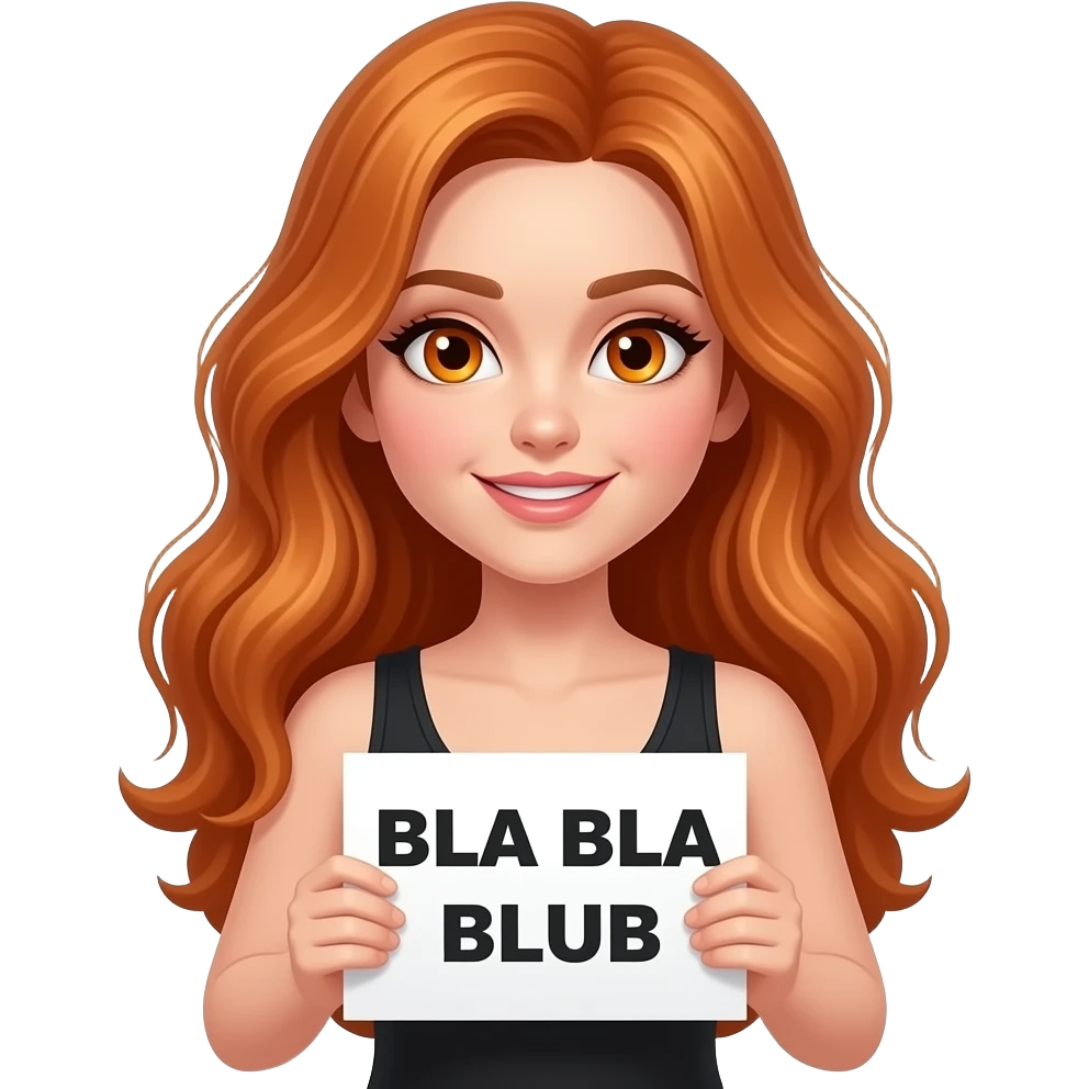 sexy girl with long wavy ginger hair and ginger eyes wearing a black tanktop is holding a white sign with BLA BLA BLUB  written on it emoji