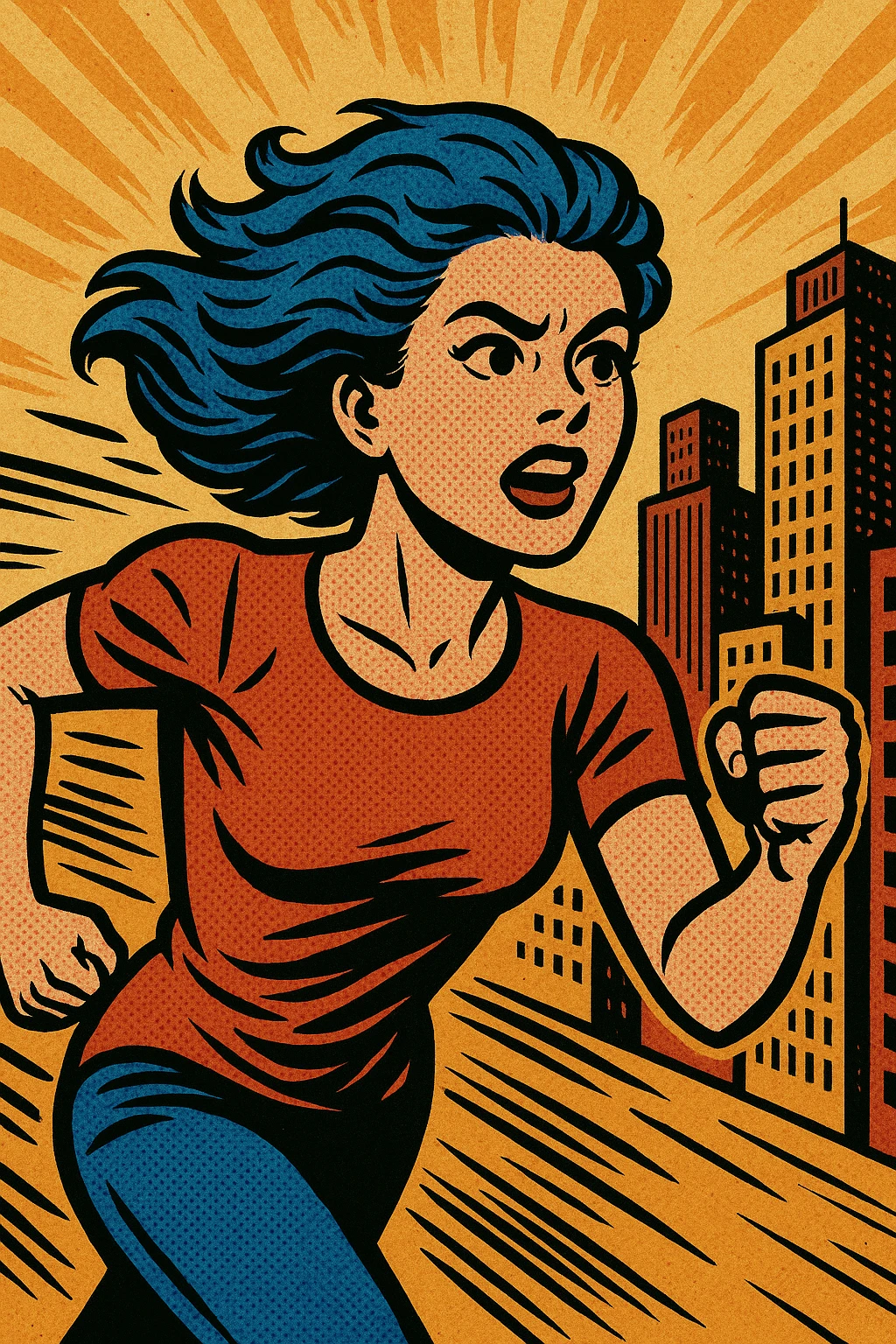 Woman with blue hair running in a city emoji