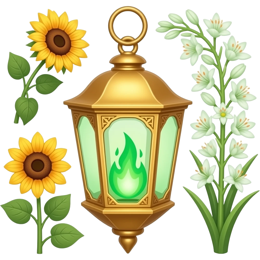 A golden hanging lantern with a bright emerald flames, an empty loop on top, fae themed sunflowers on the left and fully bloomed asphodels on the right as part of the design, but simple focus more on the green flames, paint the glass more green, have its bottom point come to some sort of point emoji