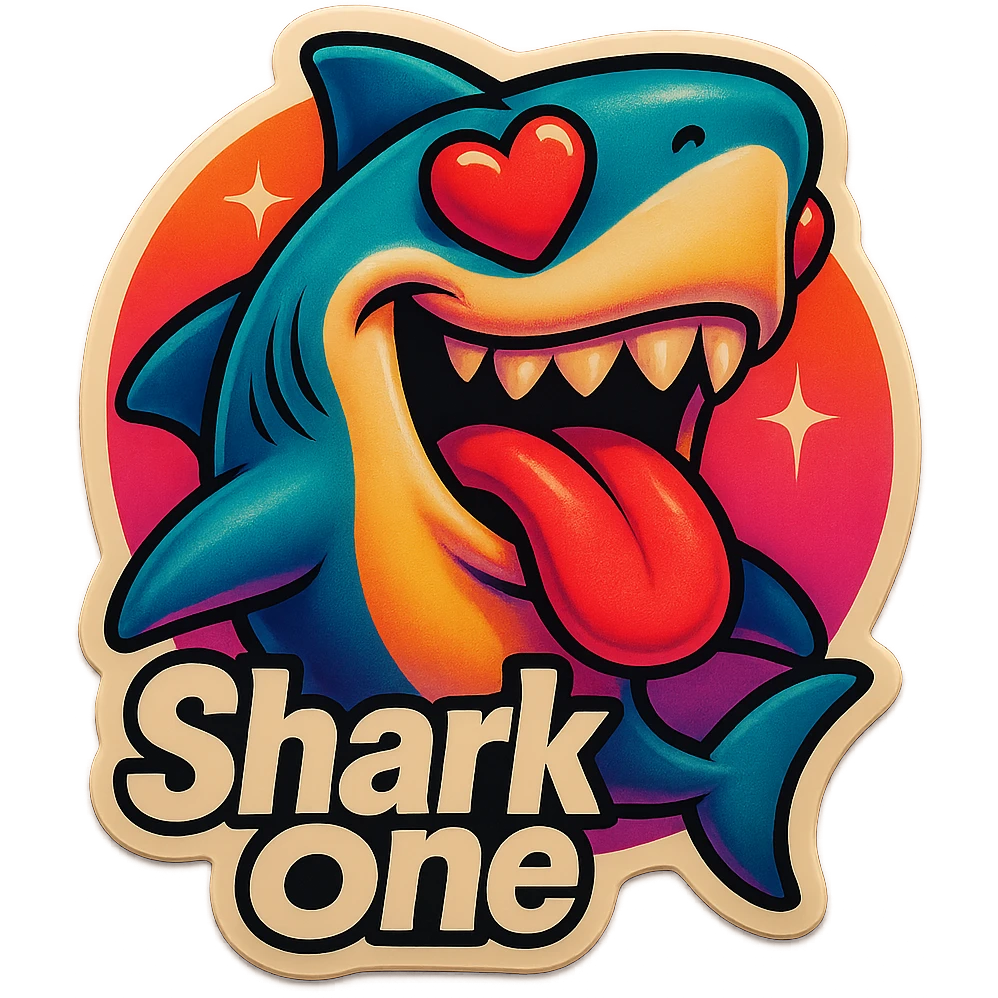 mouth open with tongue out heart shaped eye add the words “ Shark One " in White emoji