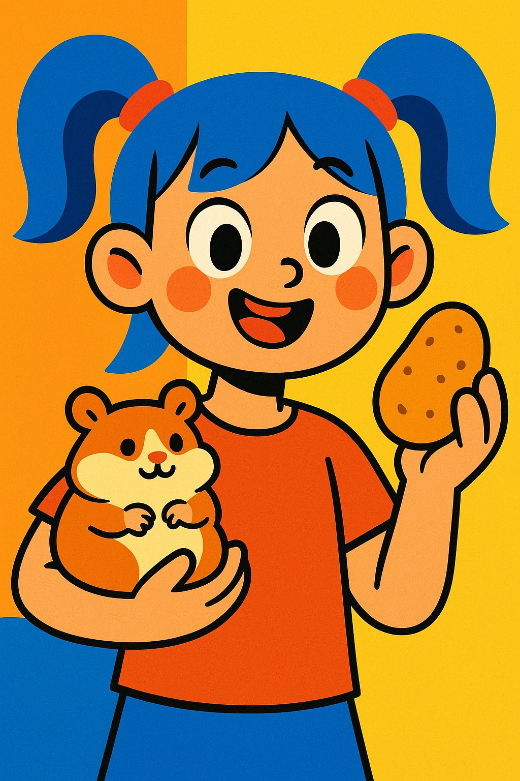 A girl with two ponytails holding a hamster and a potato, cartoon style, bright colors emoji