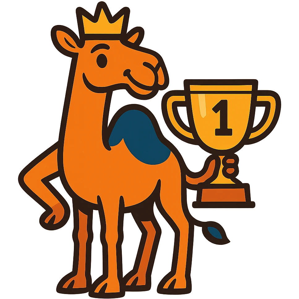 dromedary with a crown on its head and a trophy with #1 on it emoji