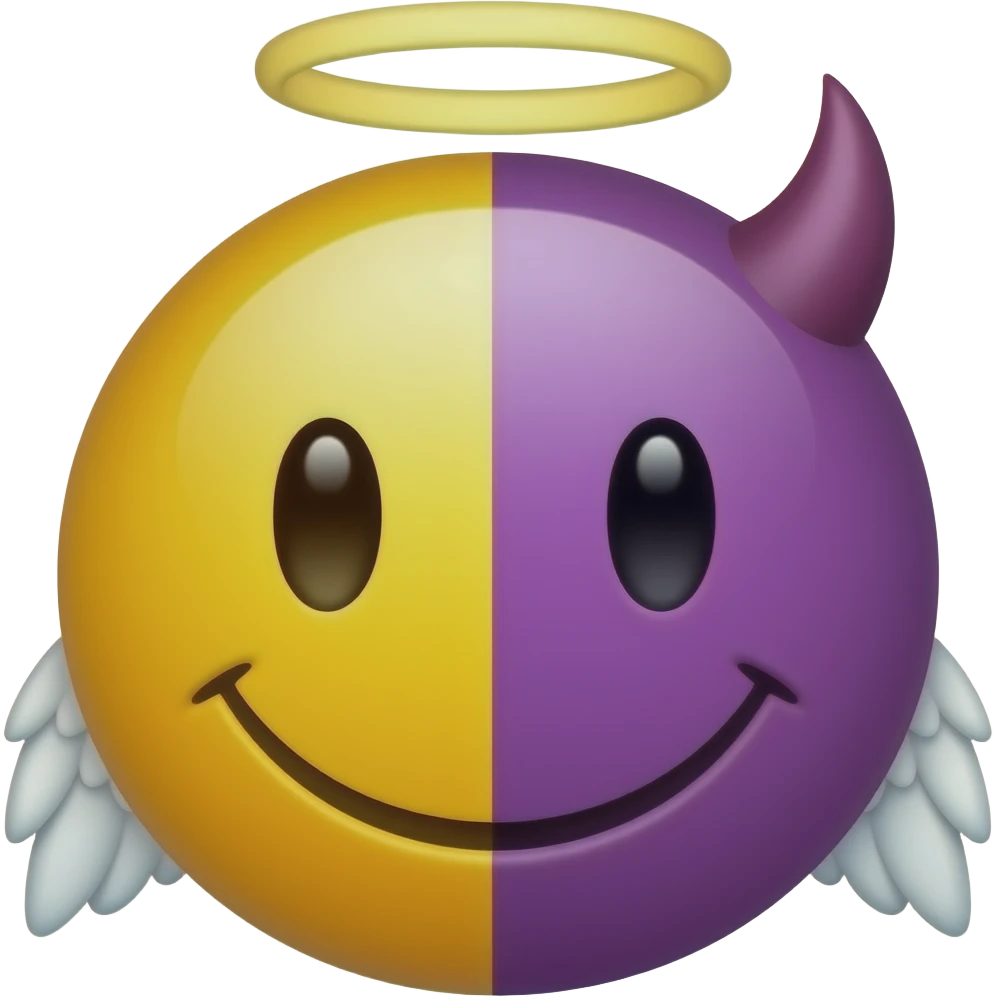 Yellow classic smiley Angel emoji crossover purple classic smiley devil emoji emoji