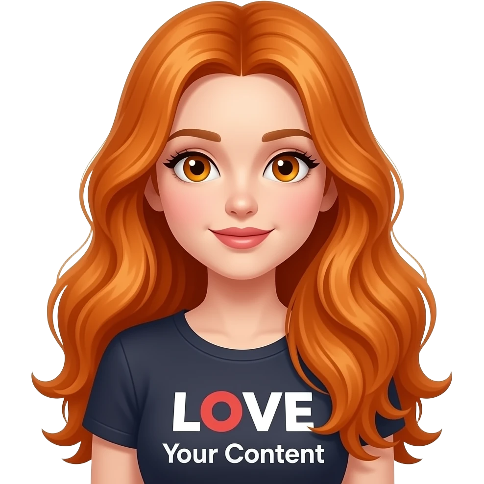 sexy girl with overlong ginger hair and ginger eyes a top with LOVE your content written on it emoji