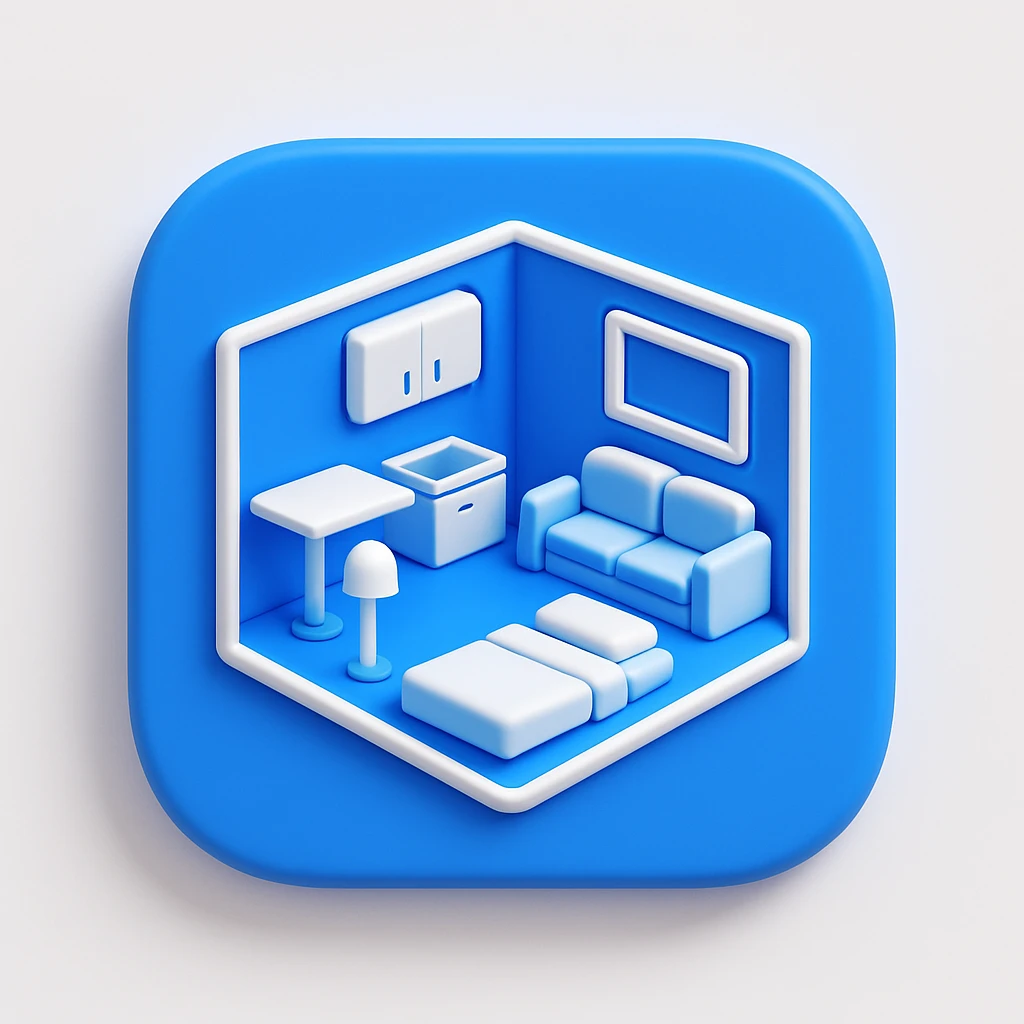 studio apartment icon, minimalist, modern, clean look, glossy 3D blue style, rounded square background, suitable for UI icon emoji