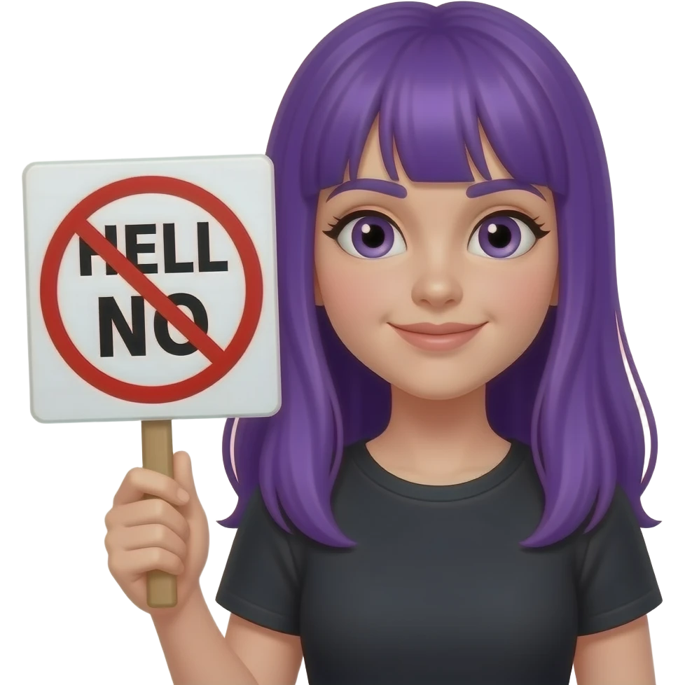 girl with long purple hair with a HELL NO sign emoji