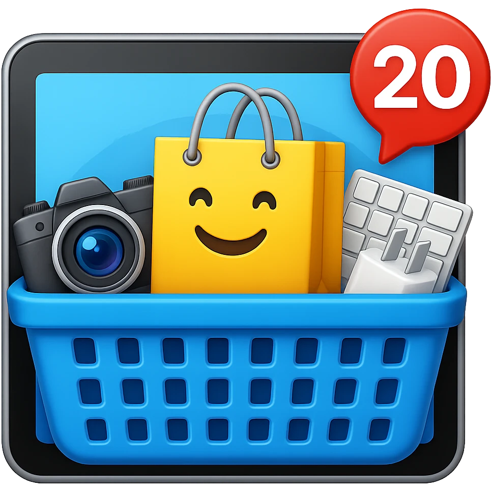 Create a high fidelity emoji style variant with smooth edges featuring a tablet instead of a monitor, a shopping basket showing tech items like a camera, keyboard, and charger instead of food, and an emoji shopping bag. The style should resemble emoji style with smooth edges and high detail. emoji