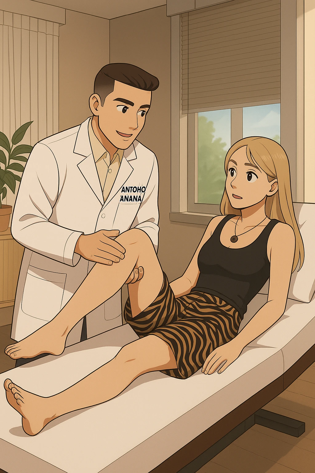 fai un webtoon/manga a colori con questo kinesiologo in camice bianco (fagli la scritta "ANTONIO ANANIA" SUL CAMICE) CHE SVOLGE UN TEST NEUROMUSCOLARE SOLLEVANDO UNA GAMBA ALLA RAGAZZA CHE è STESA SU UN LETTINO BIANCO. STANZA SEMPLICE E MODERNA, DURANTE IL TEST I DUE DIALOGANO TRA LORO. NON FARE I FUMETTI, FAI SOLO LORO COME SE DIALOGASSERO emoji