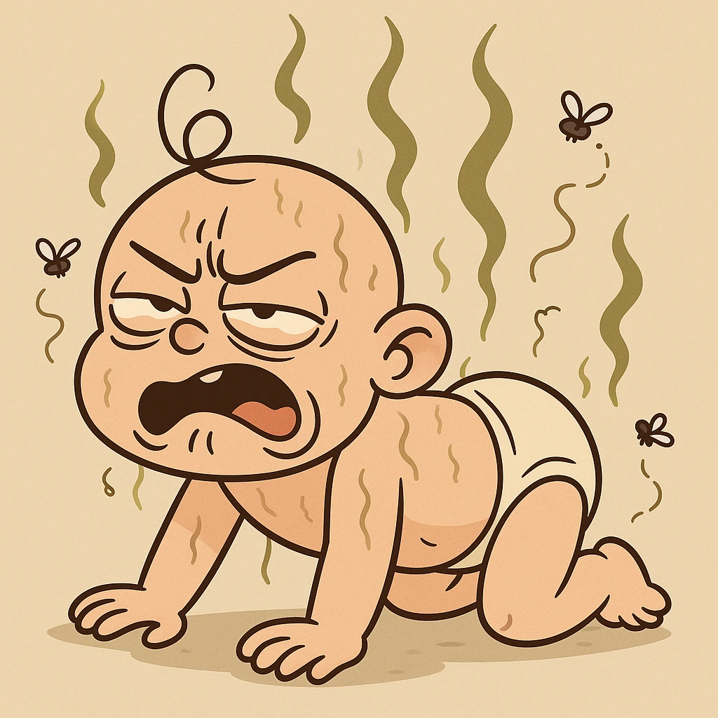 a stinky baby crawling with visible odor lines, cartoon style, exaggerated expression, flies buzzing around emoji