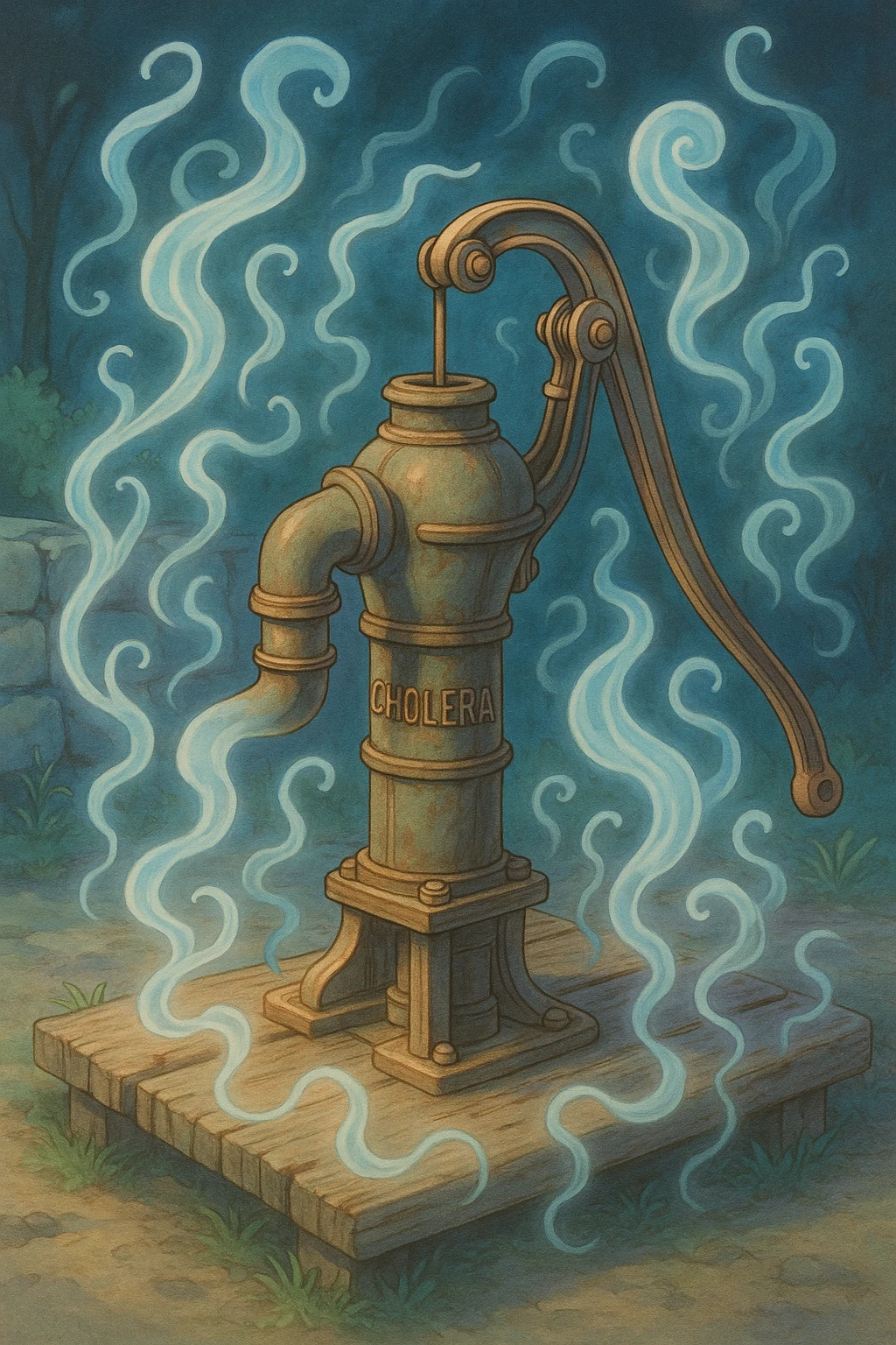 a Ghibli-style water pump with a ghostly cholera presence swirling around it emoji