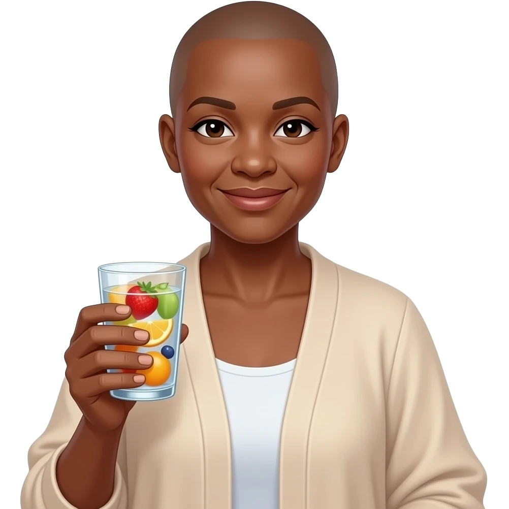 AFRICAN AMERICAN WOMAN WITH NO HAIR IN HER 50S IN FLOWY CARDIGAN HOLDING A CUP OF FRUIT INFUSED WATER emoji