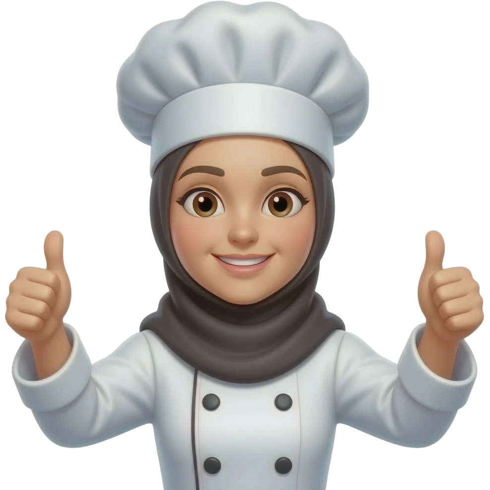 Buatkan koki perempuan berhijab memakai topi chef dengan mengacungkan 2 jempol, badan agak condong ke kanan emoji