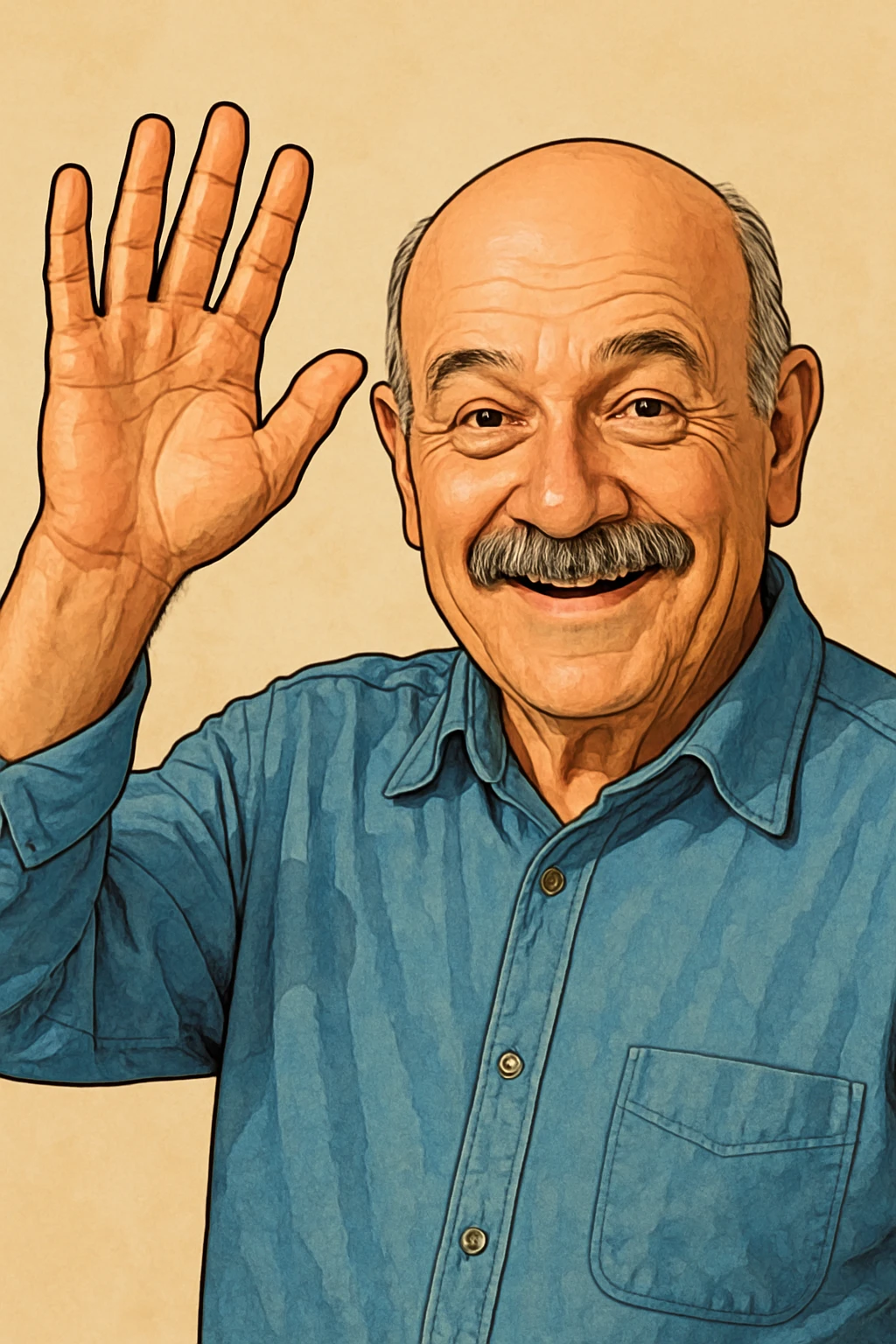 older bald man with a mustache raising his hand, clear and expressive style emoji