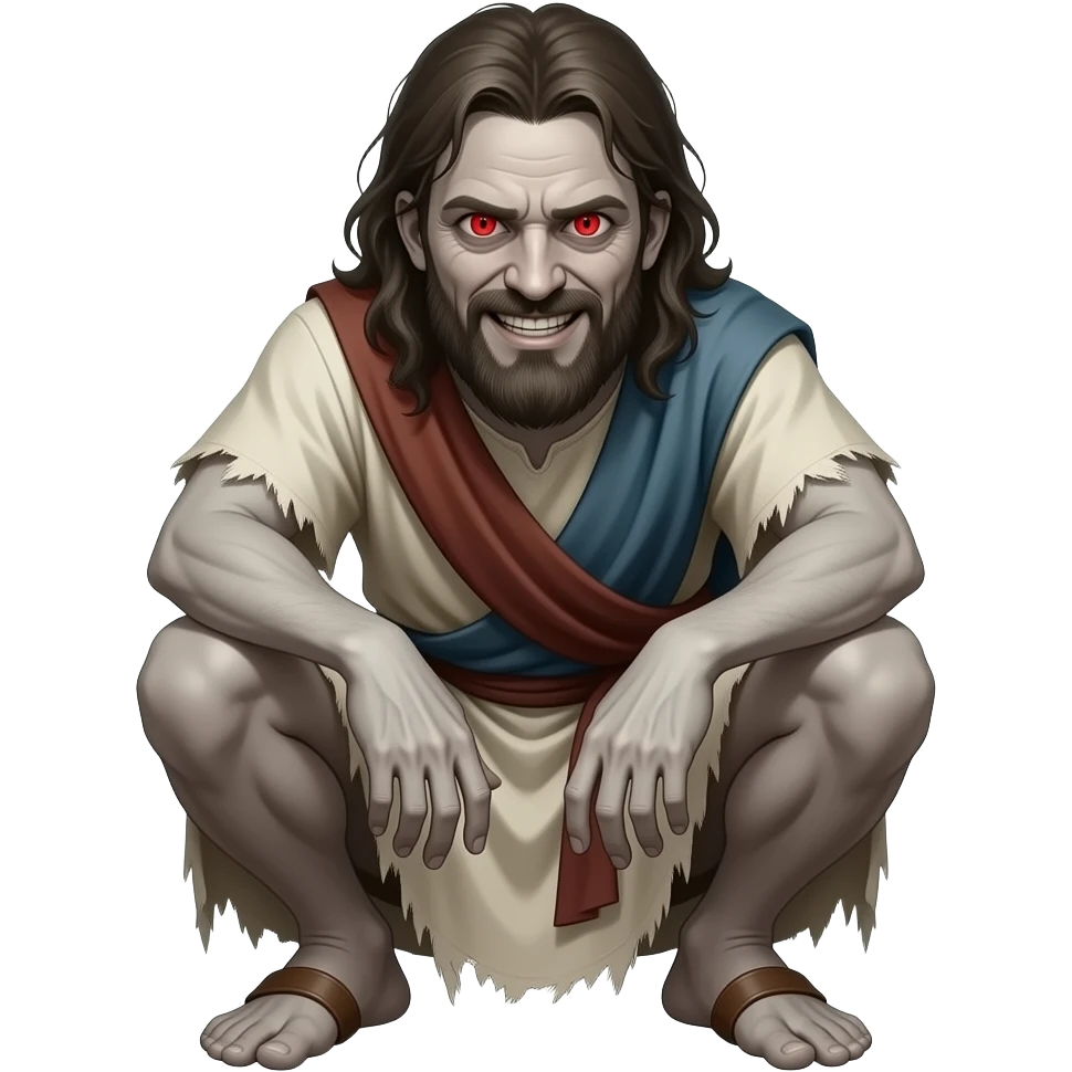 A full bodied crouched down emaciated man with pale colored skin, red serpent eyes with slim black slits for pupils and possessed by an evil spirit  that has an creepy smile on her face, wearing tattered clothing from biblical times emoji
