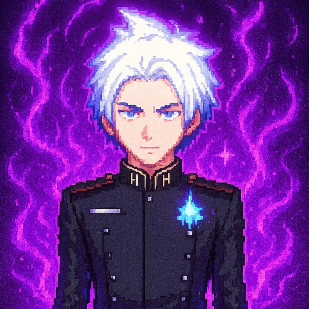 Add purple energy effects around Gojo Satoru in pixel art style, keeping the transparent background. The energy should be vivid and mystical, surrounding the character with glowing purple aura. emoji
