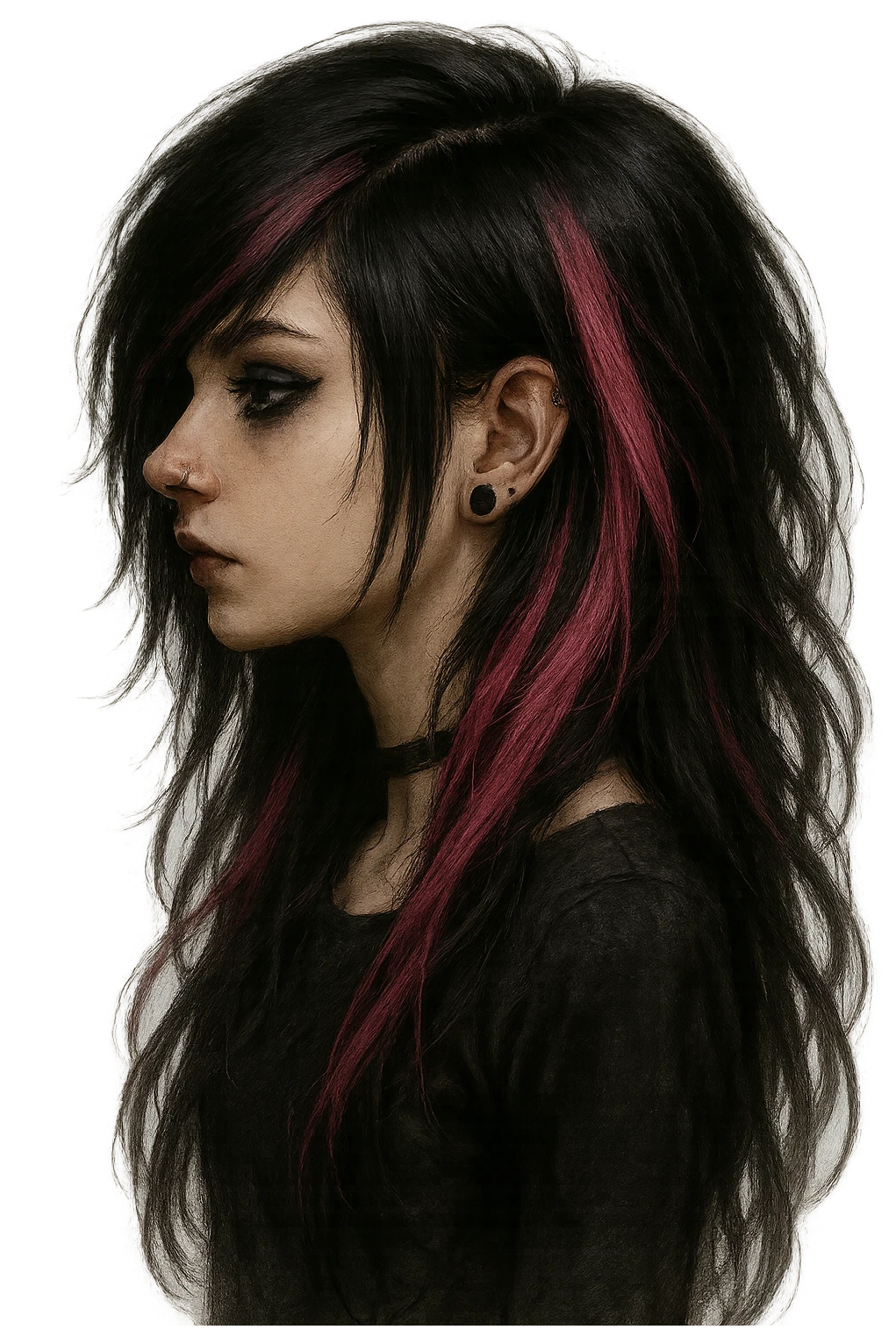 emo girl profile, pink streaks in hair, no background emoji