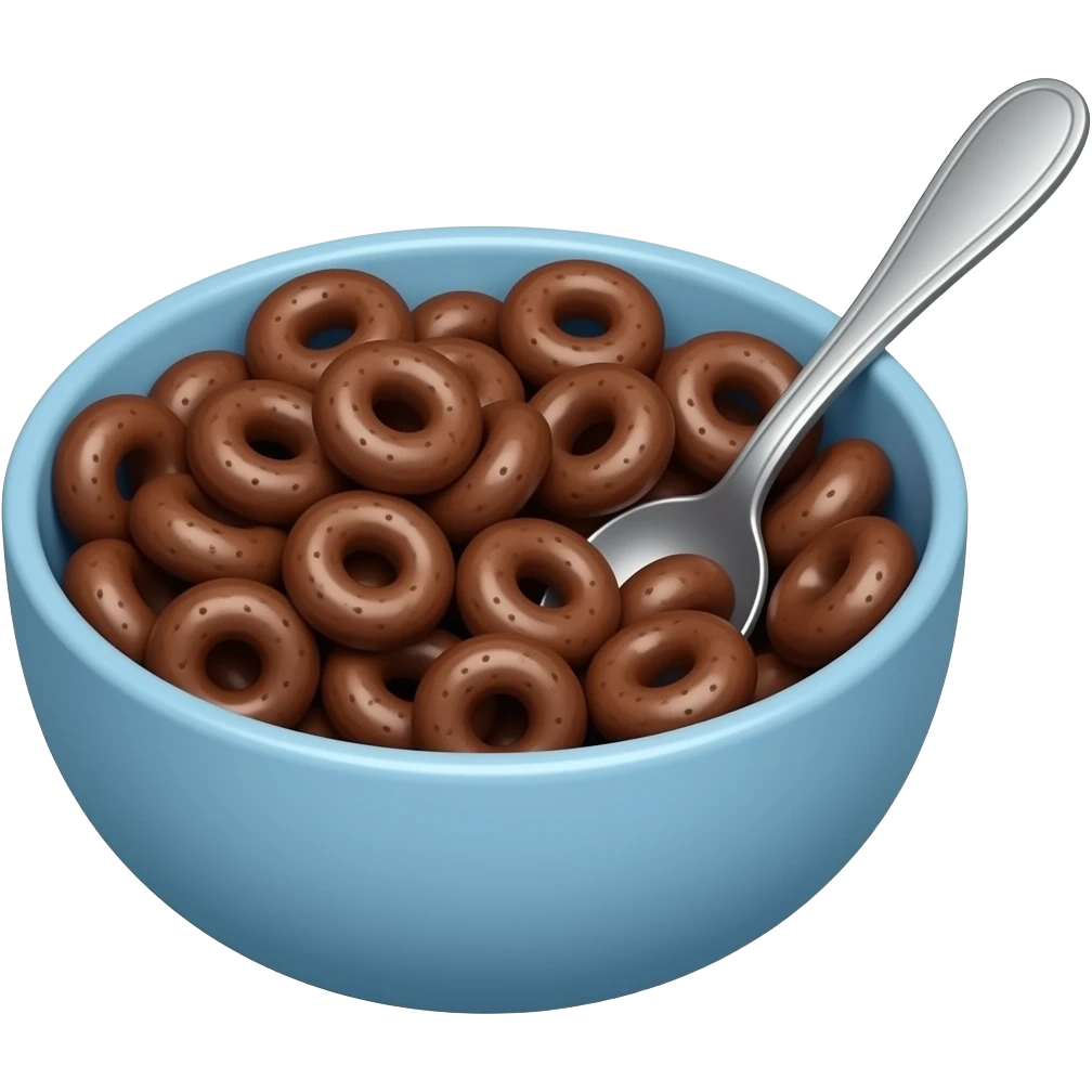 a bowl of chocolate hoop cereal in a blue bowl and a silver spoon emoji