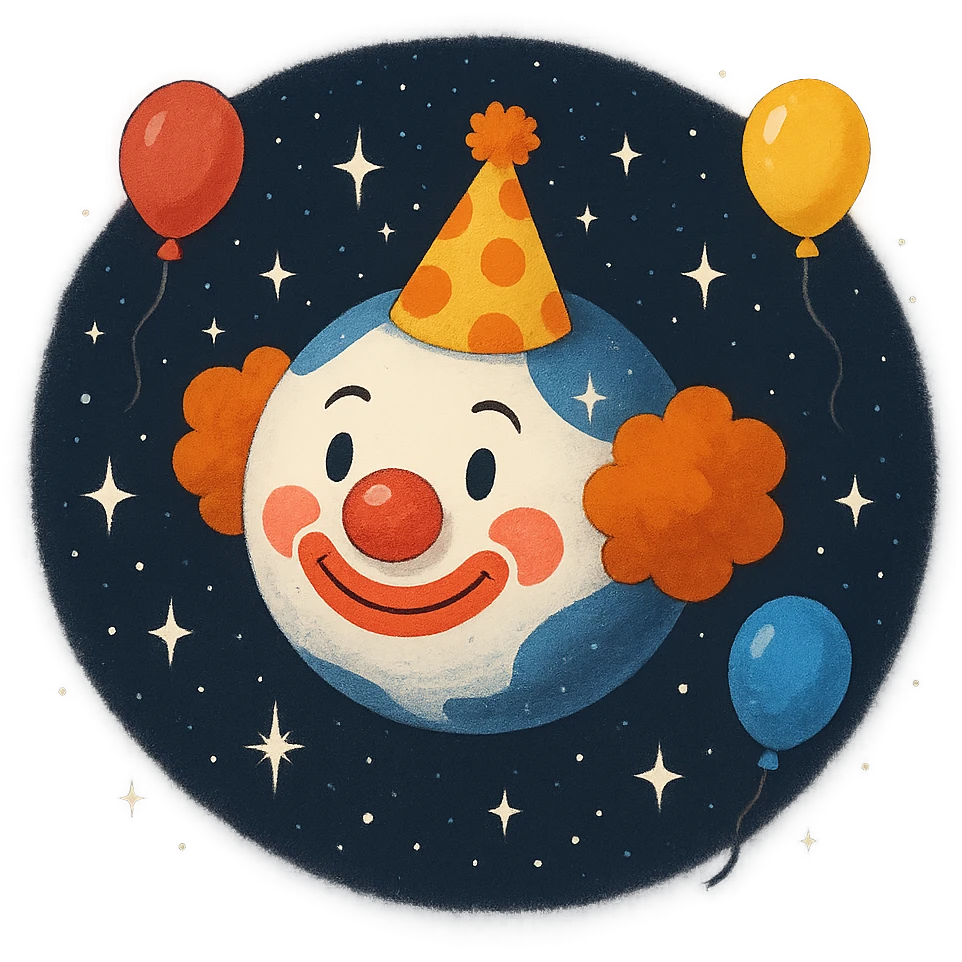 a planet shaped like a clown head, floating in space, with stars and balloons emoji