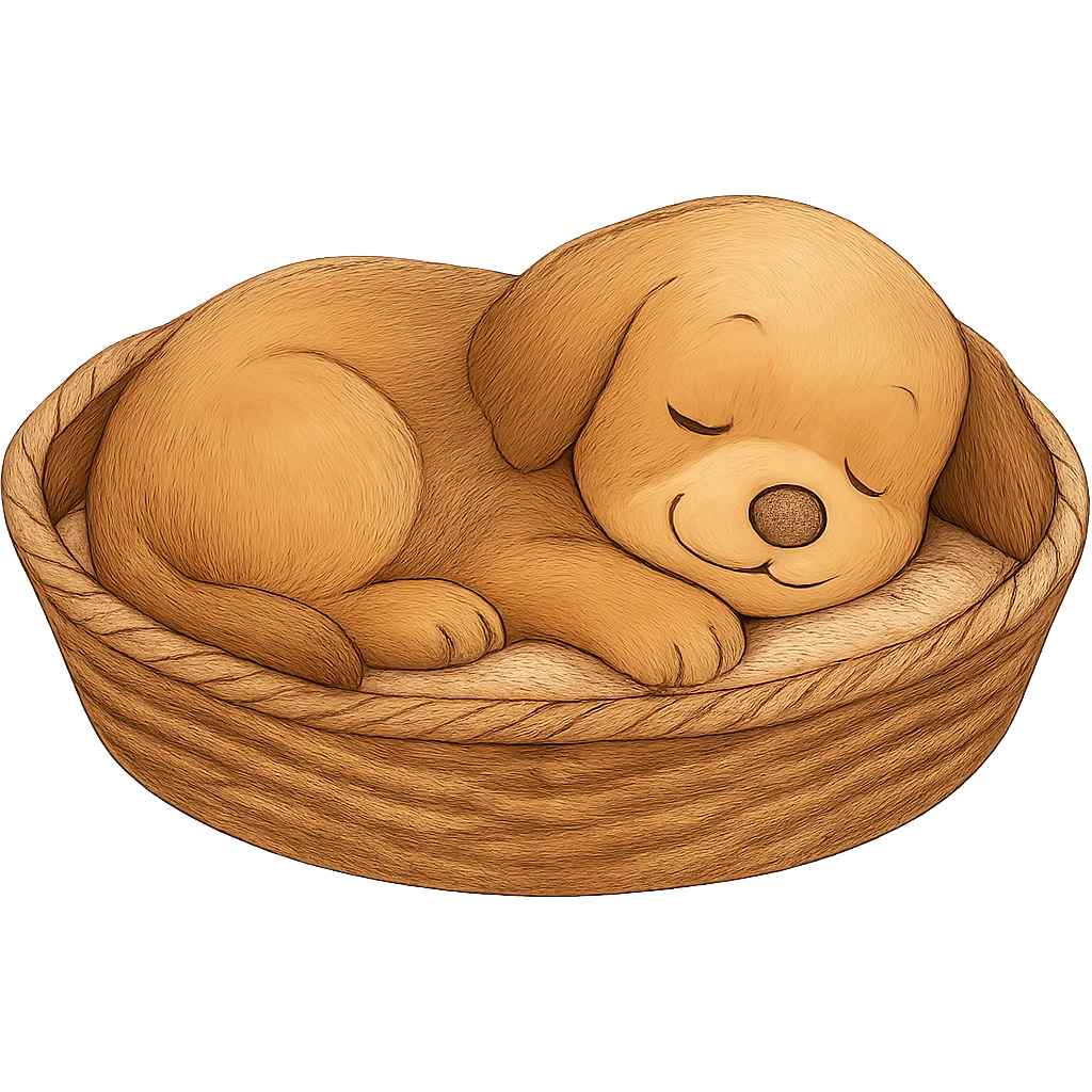 Remove any shadow from the image. Keep the cozy dog sleeping in a basket, peaceful atmosphere. Maintain transparent background. emoji