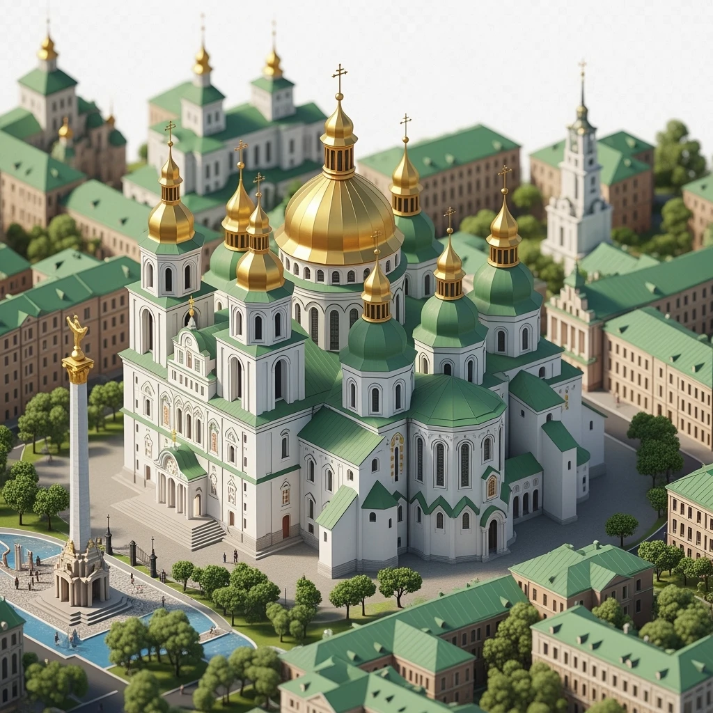Isometric illustration of Kyiv, featuring Saint Sophia Cathedral with golden domes, balanced between stylized and realistic, 3D miniature effect, transparent background. emoji