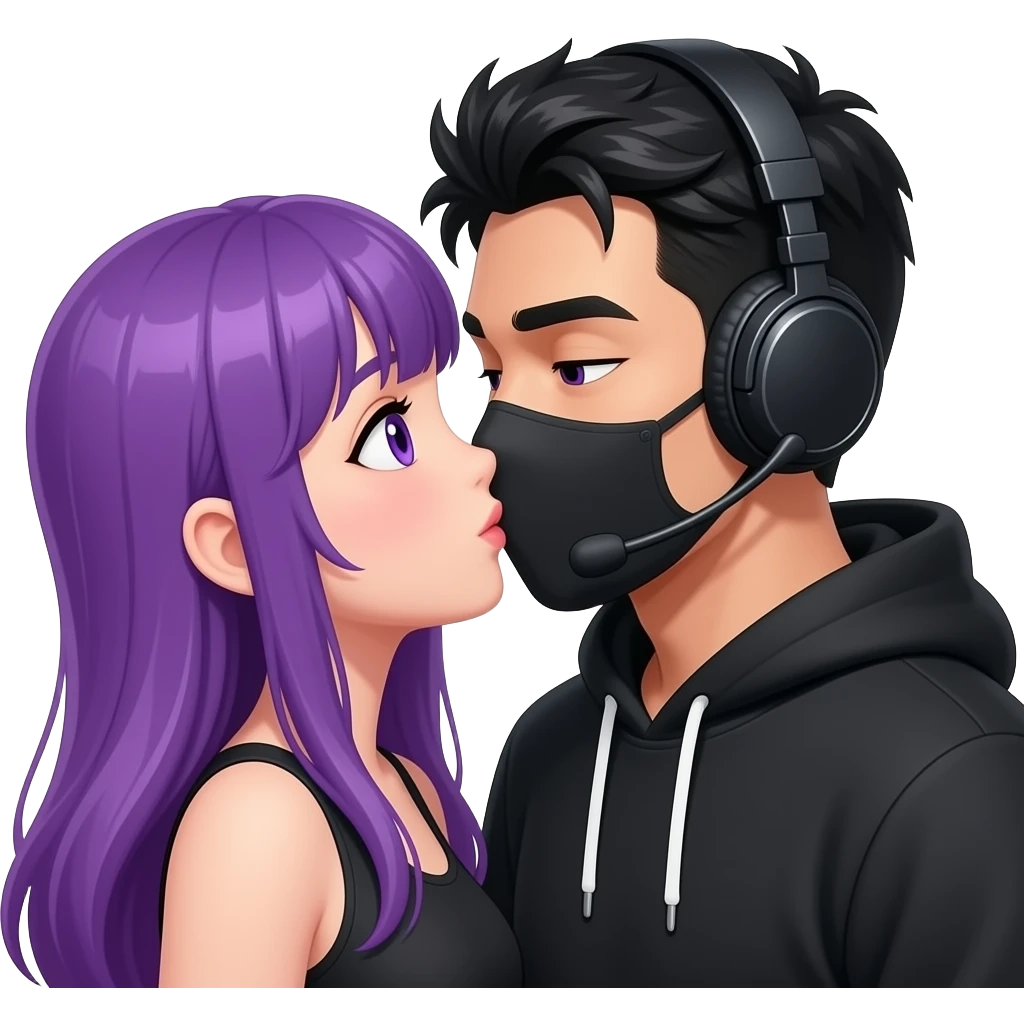 girl with long purple hair and purple is get kissed from an blackhaired attractive man in a black hoodie with a black mask and a headset emoji