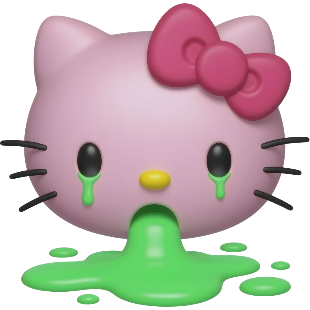 pink hello kitty is wide vomiting neon green emoji