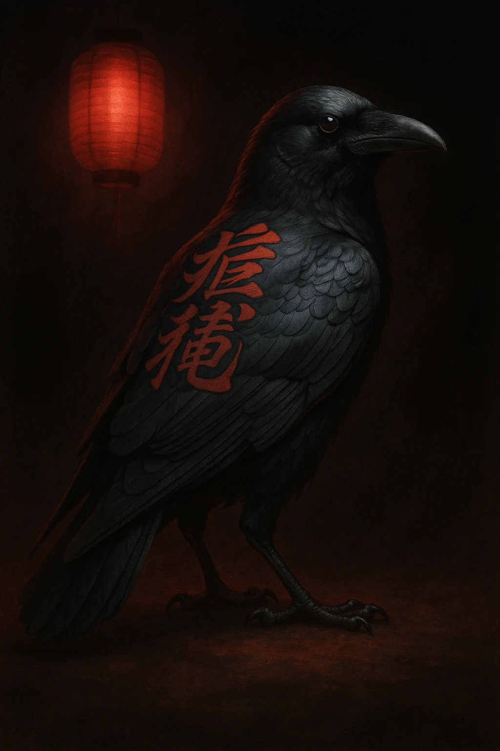 A crow with yakuza calligraphy tattooed on its back, standing confidently, with a hint of red lantern light emoji