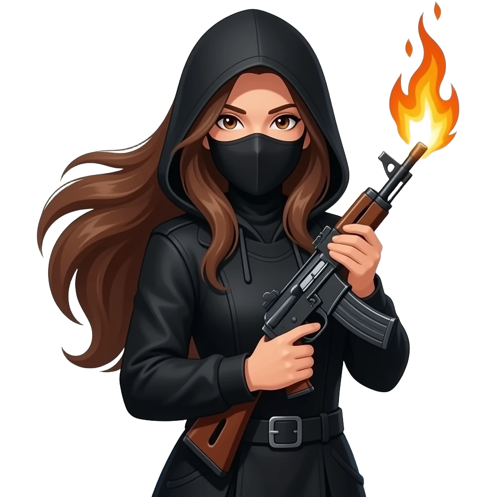 Muejer de tés medio morena vestida de negro y encapuchada de la cara y pasa montañas con el pelo largo con un rifle con fuego bonita y arreglada emoji