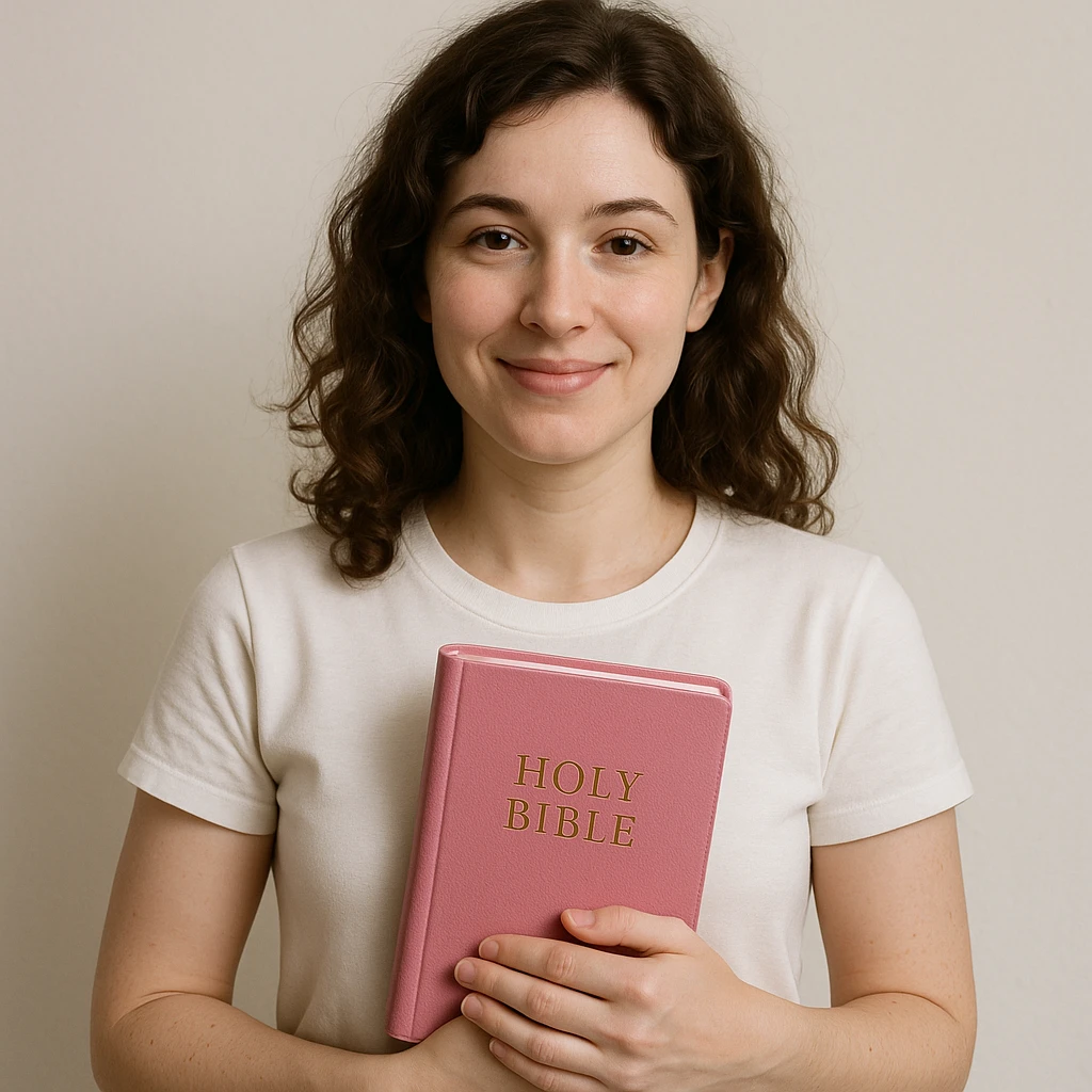 A pale woman with wavy brown hair, white t-shirt, holding a pink Bible, friendly expression, simple background emoji
