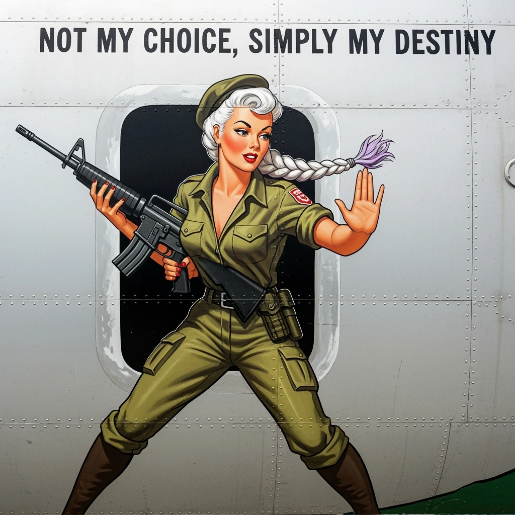 a retro military pinup fuselage decoration for the motto " not my choice, simply my destiny "
the female figure in the pinup image wears a single white braid with lavender tips, breaching, m16, "move" handsignal emoji