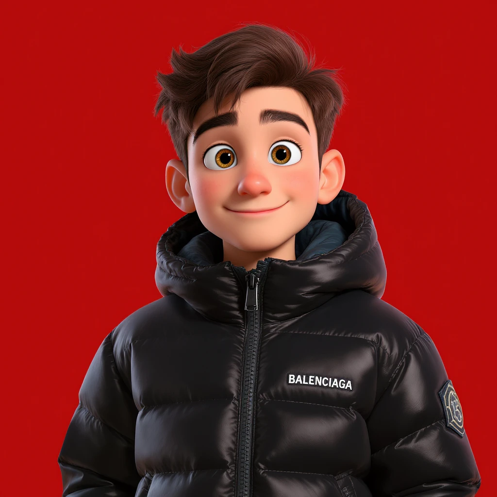 3d disney pixar character, young 18yo boy with dark brown hair, and a shiny black puffer balenciaga design jacket, brave smiling. The background is a solid red color emoji