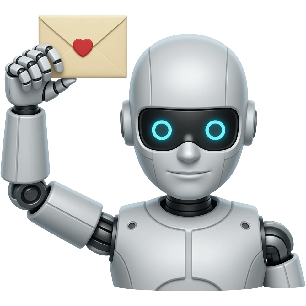 Robot mirando abajo,con un brazo levantado que sostiene un sobre de carta emoji