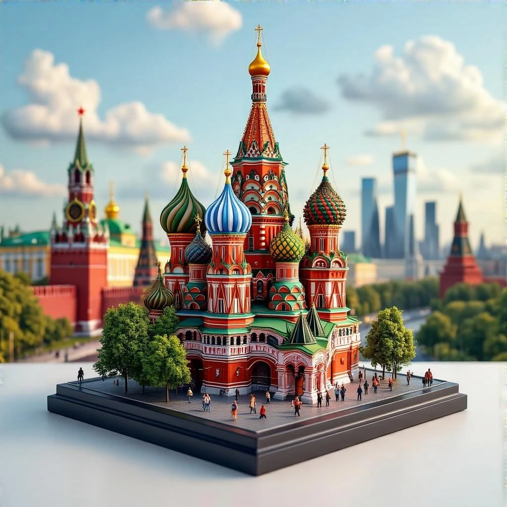 Изометричная миниатюрная 3D модель Москвы на подставке - фотореалистичный Кремль, собор Василия Блаженного, фотореалистичный Башни Москва-Сити, аккуратная детализация, яркие цвета, мультяшный реализм, гуляют люди и современный автотранспорт и метро, компактная композиция, вид сверху в изометрии emoji