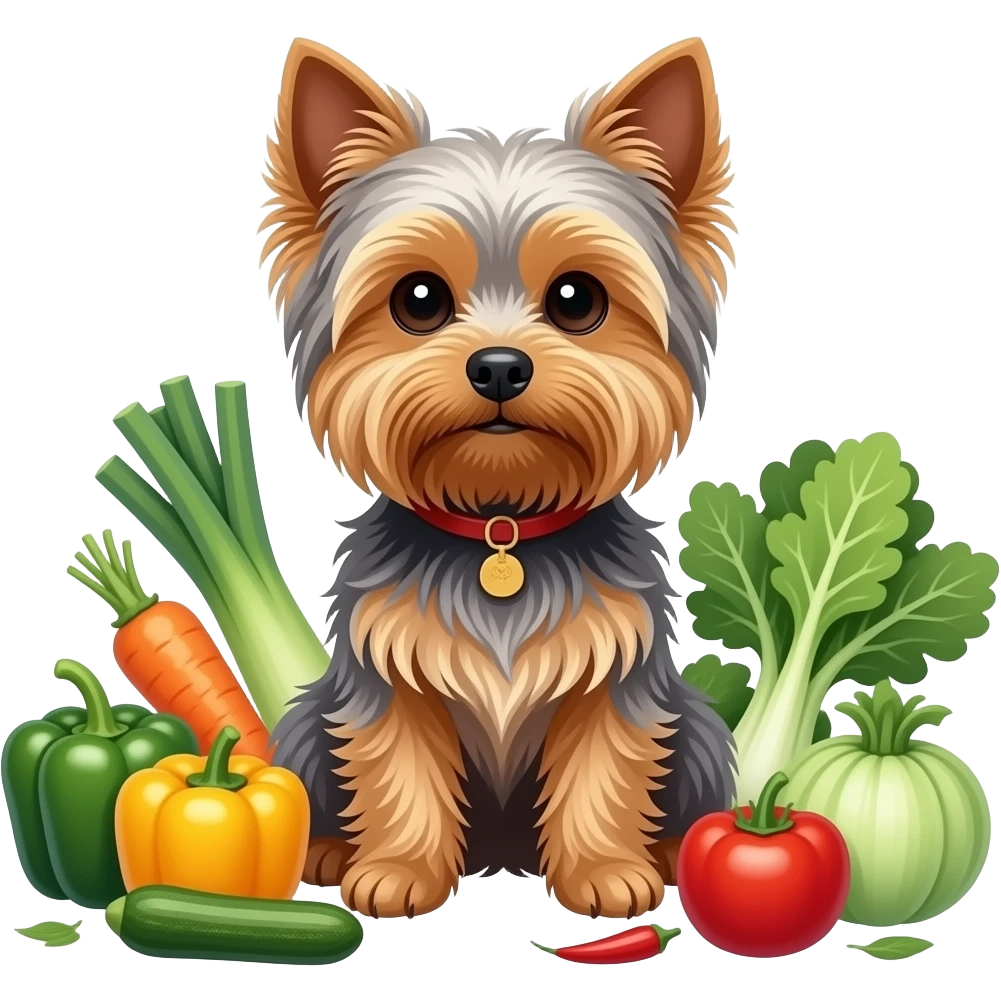 Yorkie dog sitting in vegetables emoji